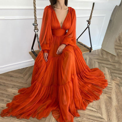 Pleat Tulle Princess Prom Gown V-Neck Long Puff Sleeve Plus Size Evening Gown Elegant Dress Women for Wedding Party