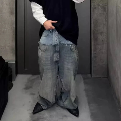 Double-layer Double Waist Patchwork Baggy Jeans for Men and Women Straight Casual Loose Denim Trousers Oversized