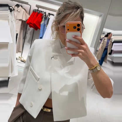 Women's Asymmetric Crop White Blazer Summer 2026 Casual Button Short Sleeve Blazer For Women Fashion Outerwears Suit Jacket