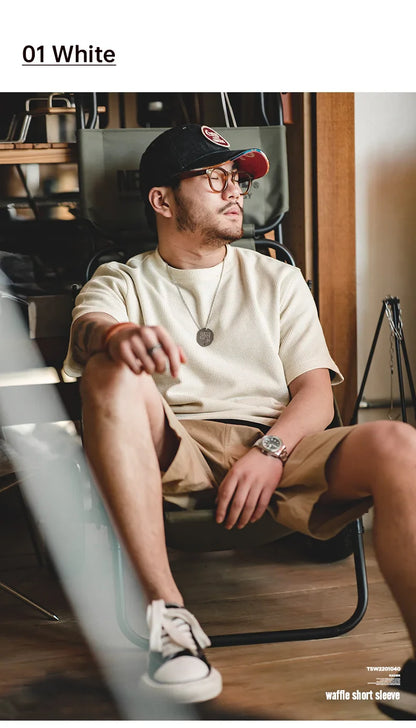 Maden Retro Knit Waffle Short Sleeve T-shirts for Men's Summer Round Neck Loose Fit Casual Tee Basic Solid Color Classic Tops