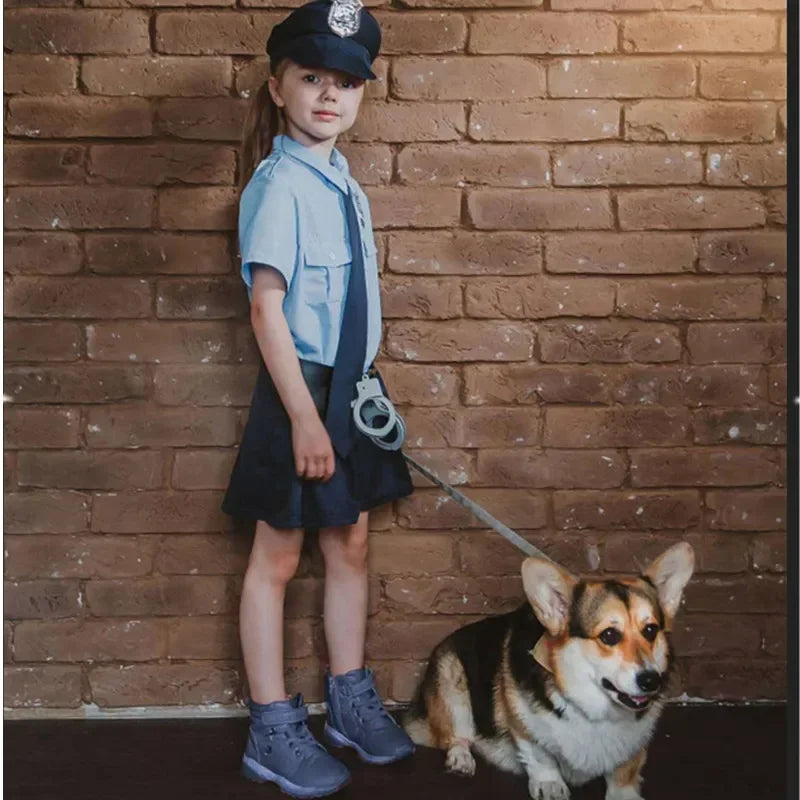 Girls Police Officer Work Uniform Halloween Role Play Button Costume Police Toy Accessory with Walkie Talkie Whistle Baton Gift