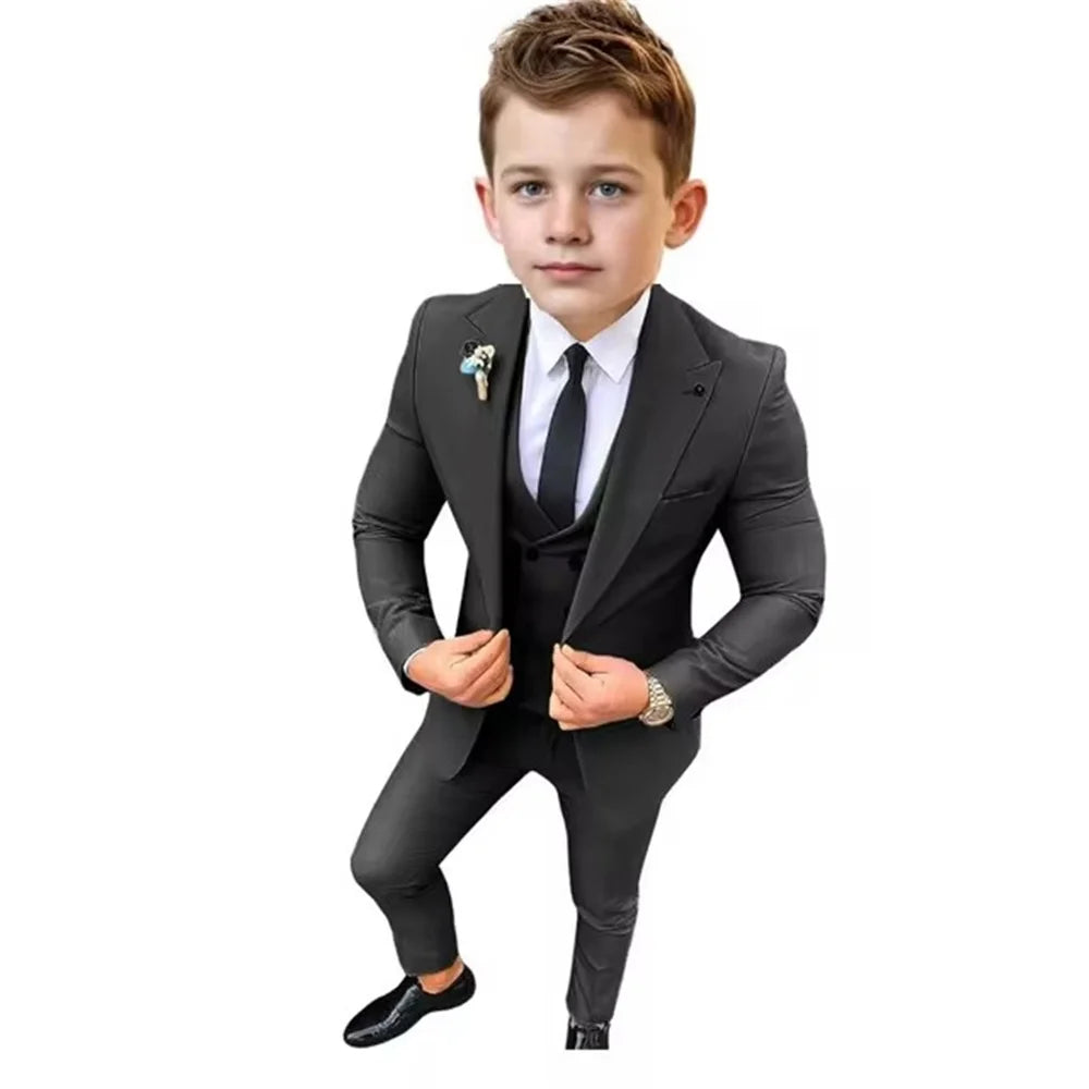 Boys Formal Slim Fit Suits 3 Pieces Holiday Celebration Outfit,Autumn Long Sleeve Kids Peak Lapel Suit Set Wedding Guest Wear