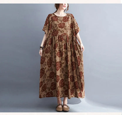 Robe Plus Size 100KG Summer Dress Women Floral Loose Vestidos Para Mujer Casual Maxi Print Cotton Linen Oversized BOHO