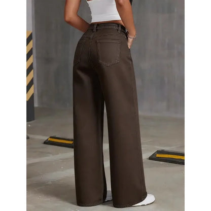 2026 New Brown Stretch Wide Leg Jeans Women High Waist Loose Straight Denim Pants Streetwear Casual Vintage Trousers