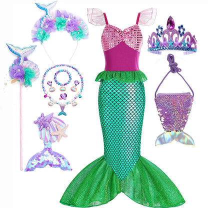 Halloween Little Mermaid Ariel Princess Costume Summer Purple Dress Girls Cosplay Mermaid Carnival Birthday Party Swimsuit Set