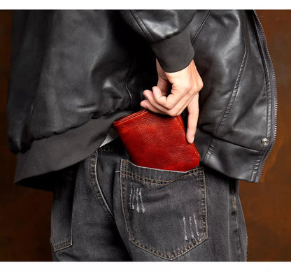 Men's Hand-Rubbed Genuine Leather Short Wallet Top-Grain Vegetable-Tanned Zipper Wallet with Driver's License Card Holder
