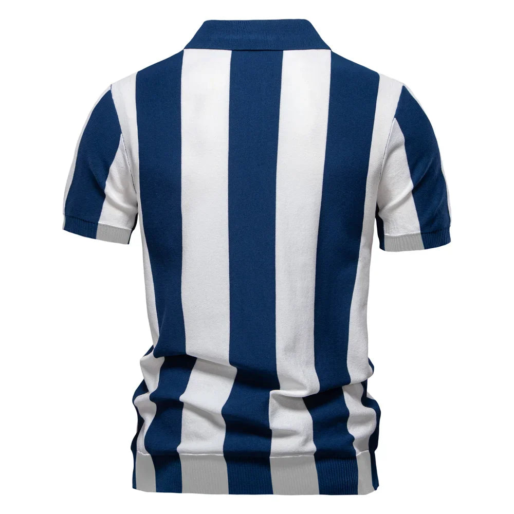 2025 New Summer Men's Breathable Striped Contrast Panel Polo Shirt - Casual Short Sleeve Knit Shirt with Comfort Fit