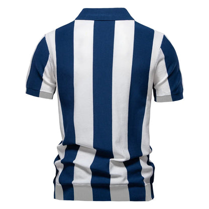 2025 New Summer Men's Breathable Striped Contrast Panel Polo Shirt - Casual Short Sleeve Knit Shirt with Comfort Fit