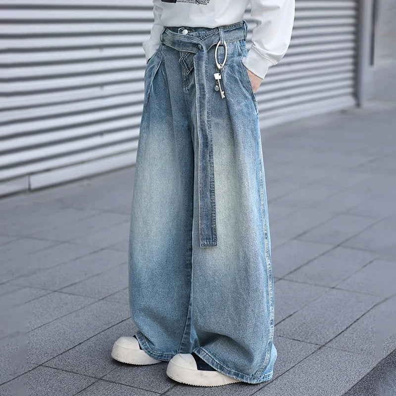 Korean Style Design Belt Jeans Men'S Casual Loose Retro Blue Straight Leg Pants High Street Wide Leg Pants