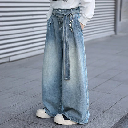 Korean Style Design Belt Jeans Men'S Casual Loose Retro Blue Straight Leg Pants High Street Wide Leg Pants
