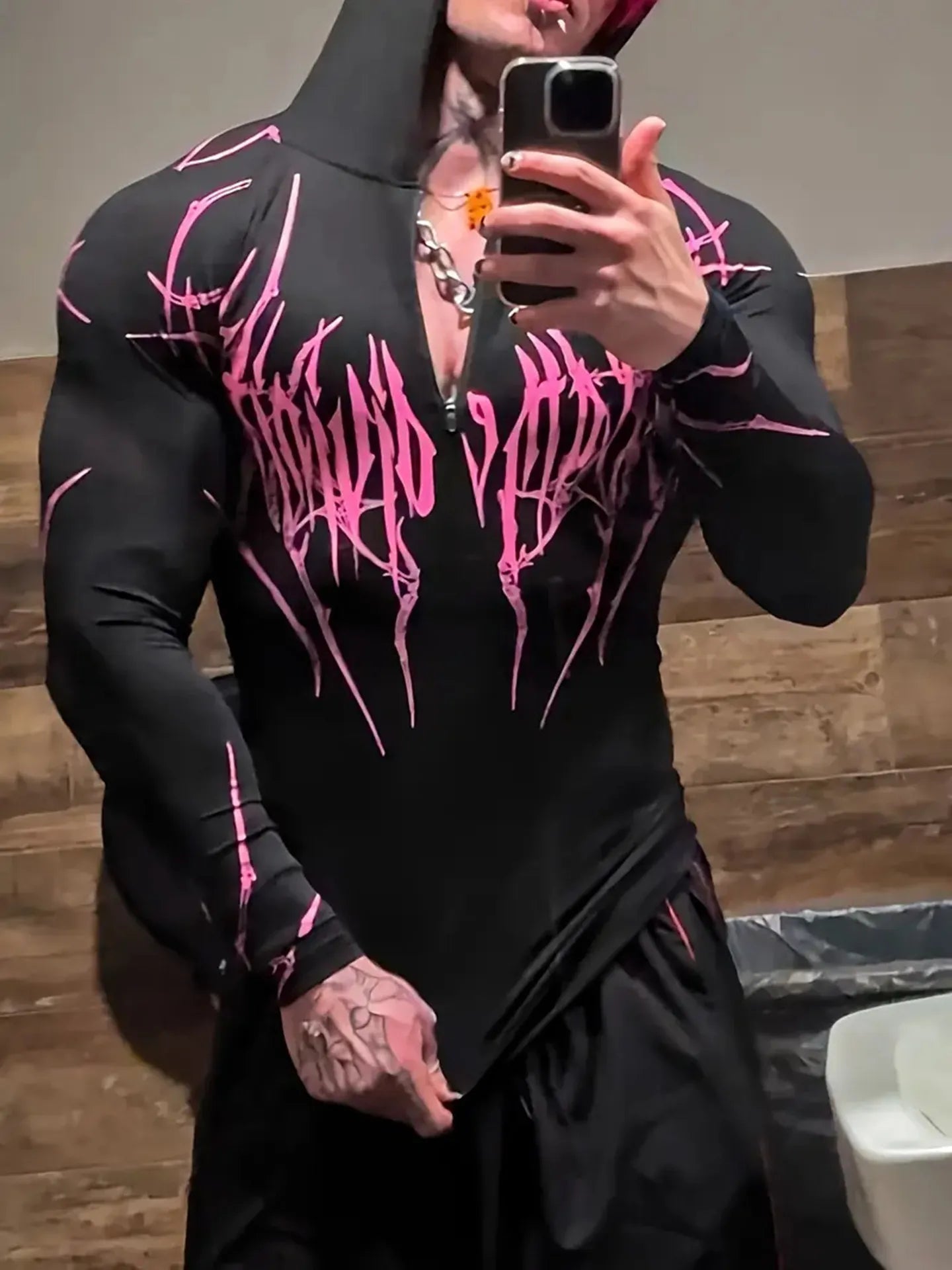 2026 Spring Summer New Men's Black Hooded Sports Compression Long Sleeve Shadow Style Street Subcultural Style