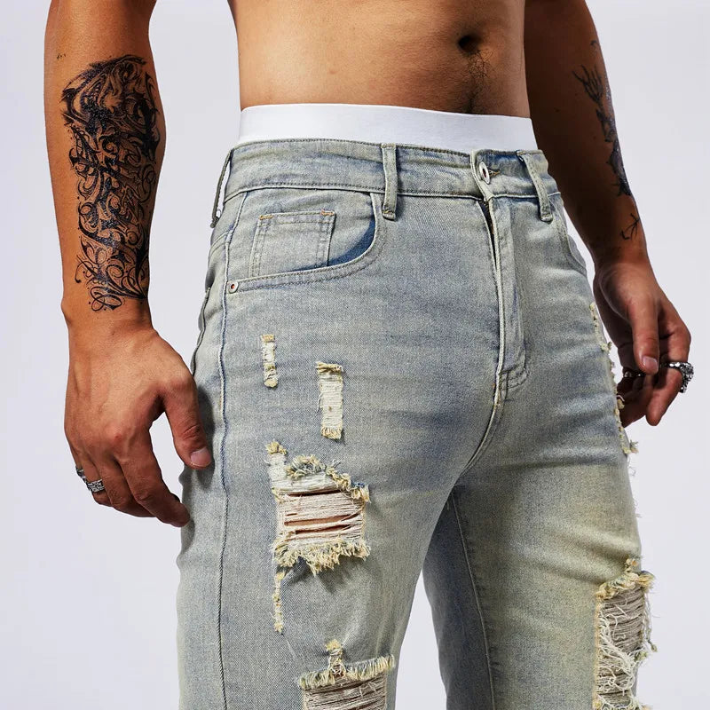 Vintage Denim Shorts Men's American Stretch Slim Jeans Fashion Ripped Streetwear Male Hole Frayed Short Pants Blue Black