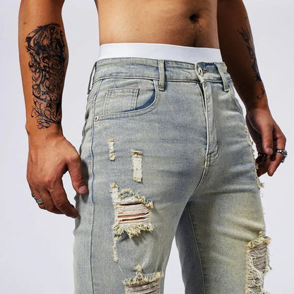 Vintage Denim Shorts Men's American Stretch Slim Jeans Fashion Ripped Streetwear Male Hole Frayed Short Pants Blue Black