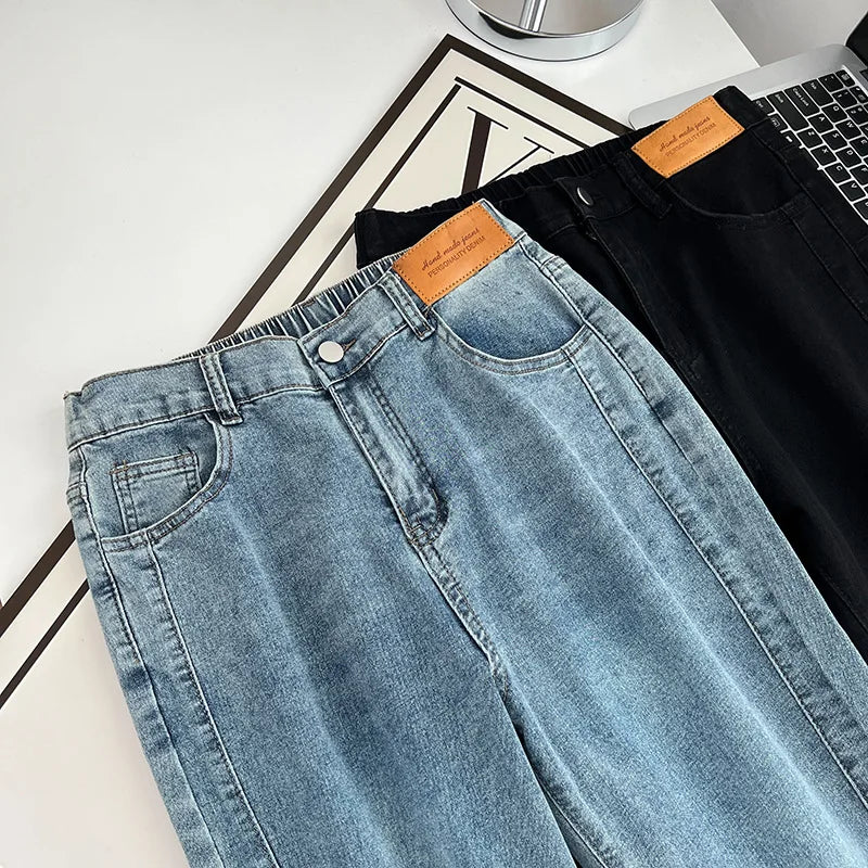 Women's Split Leg Opening Drainpipe Jeans, Casual Ankle Length Denim Pants, Straight Leg, Plus Size, Spring, Autumn, 100kg, 1649