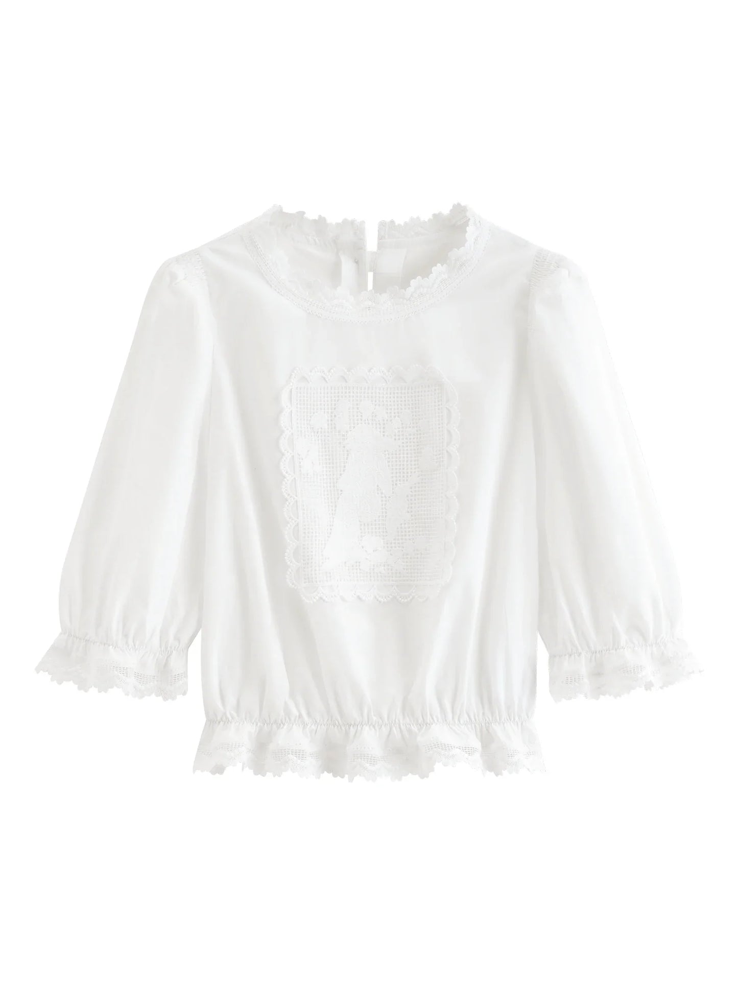 French Retro Puff Short Sleeve Round Neck Blouse for Women Summer Elegant Ins Chic Cropped Tops Cotton White