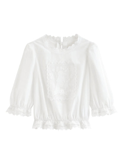 French Retro Puff Short Sleeve Round Neck Blouse for Women Summer Elegant Ins Chic Cropped Tops Cotton White