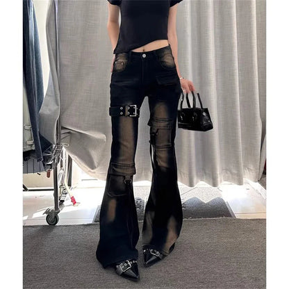 2025 Autumn Winter Women's Denim Pants High Waist Cargo Jean Goblin Core Kpop Bell Bottom Japanese Y2k Stretch 2000s Jeans Gyaru