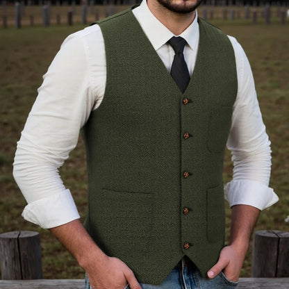 Men Vest Brown Herringbone Single Button With Pocket Waistcoat For Wedding Party Business Work Office Daily Casual Men Suit Vest