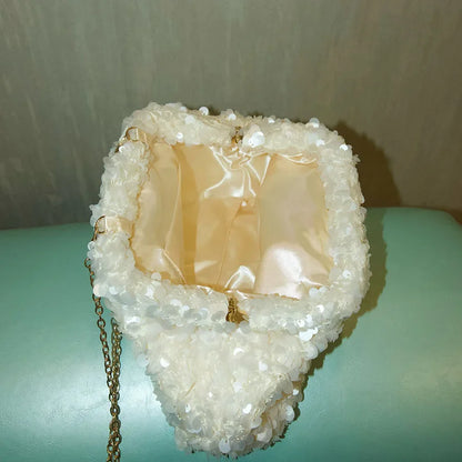 White Sequined Clutch Bag Versatile Beaded Chain Shoulder Bag Fashion High-end Bridal Party Handbag Trendy Clip Bag Evening Bag