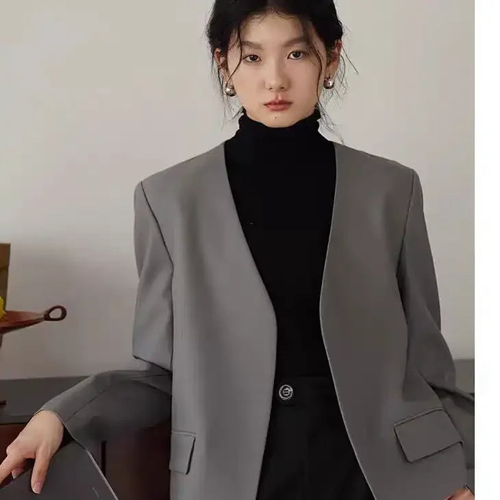 Womens Gray Collarless Blazer Cropped Open Front Suit Jacket Casual Office Outerwear