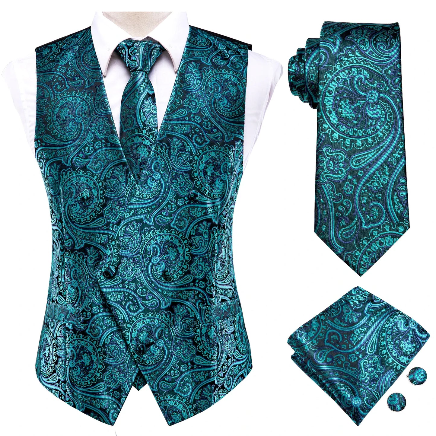 Silk Men's Vests and Tie Business Formal Dresses Slim Vest 4PC Necktie Hanky cufflinks for Suit Blue Paisley Floral Waistcoat