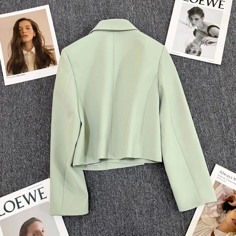 Lucyever Cropped Blazer Jacket Women Korean Fashion Double-Breasted Suit Coat 2024 Autumn New Casual Simple Office Lady Blazers