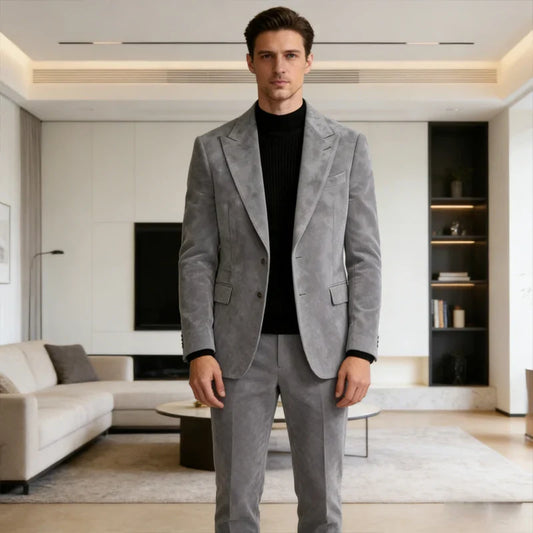 Vintage Men's Suede Tuxedo Suit Slim Fit 2-Piece Set Peak Lapel Formal Blazer with Trousers Sport Coat for Party Business