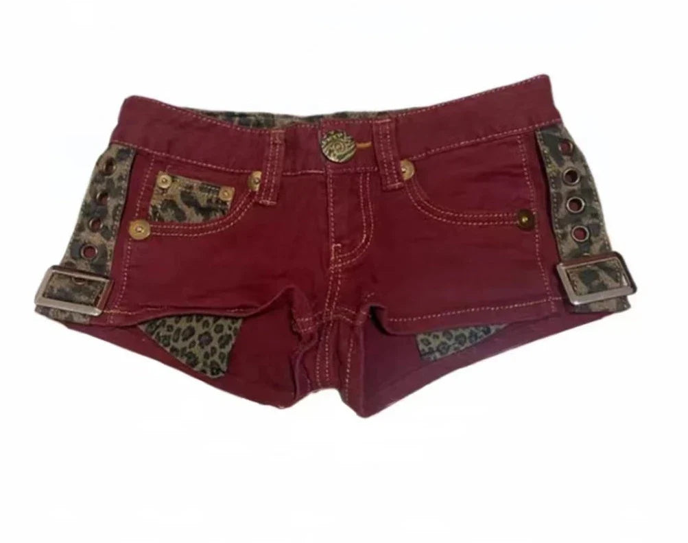 Sexy Leopard Print Red Denim Shorts Women's Summer Retro Low-Rise Hot Pants Ropa Mujer Y2K Shorts Jeans