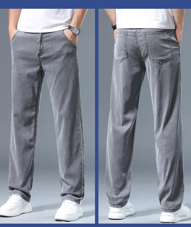 Summer Thin Men's Loose Straight Jeans Lyocell Soft Drape Business Casual Trousers Classic Smoke Gray Brand Ice Silk Pants