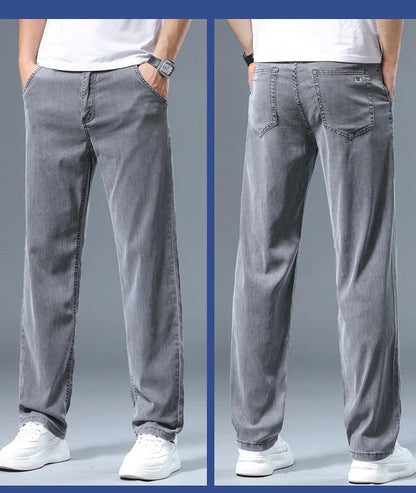 Summer Thin Men's Loose Straight Jeans Lyocell Soft Drape Business Casual Trousers Classic Smoke Gray Brand Ice Silk Pants