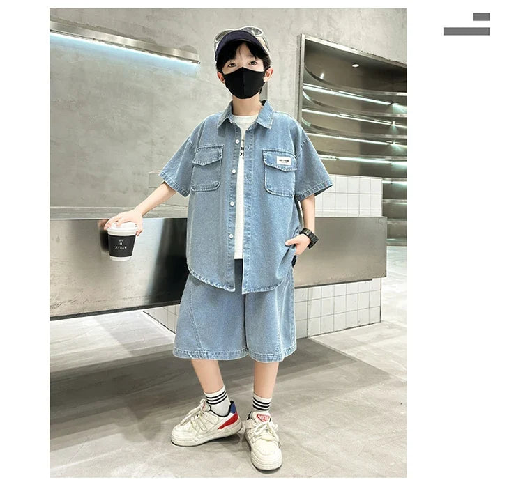 New Casual Kids Child Summer Denim Suit for Teenage Boy High Fashion Short Sleeve Shirt + Shorts 2 Pieces Clothing Set Age 5-14Y