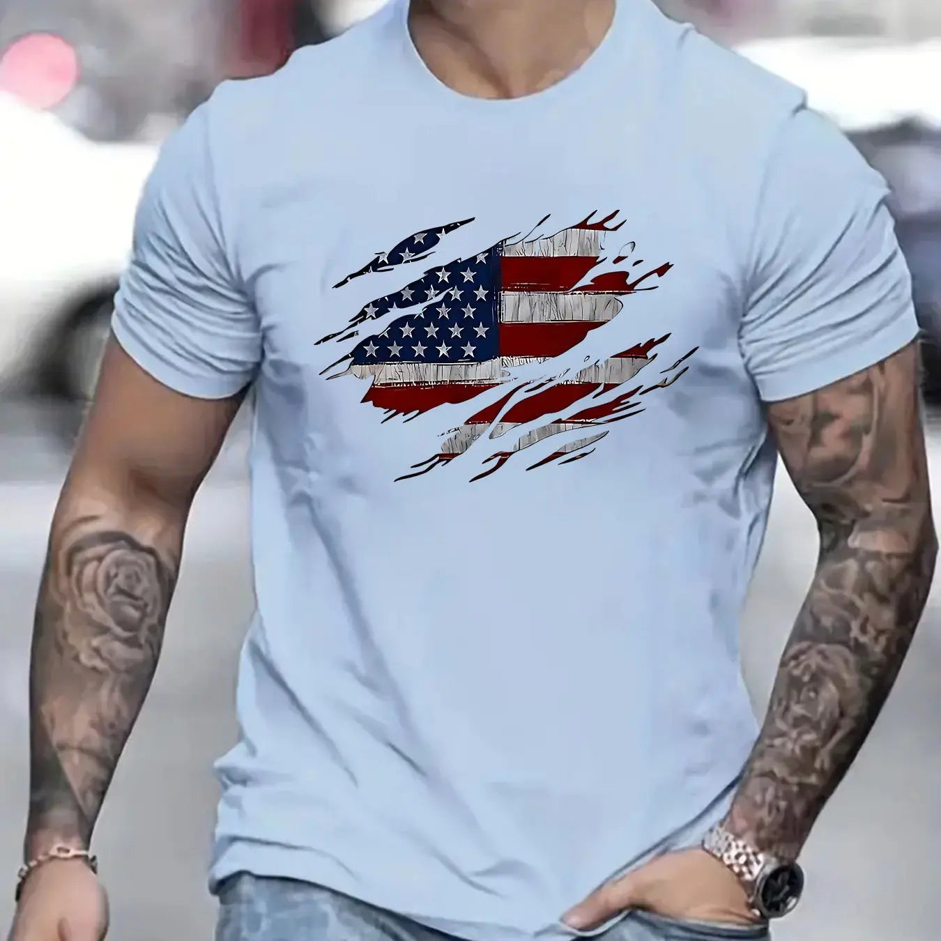 Men's Summer Casual Loose Size 100% Cotton Trendy American Flag Pattern Print Round Neck Short Sleeve T-shirt Top