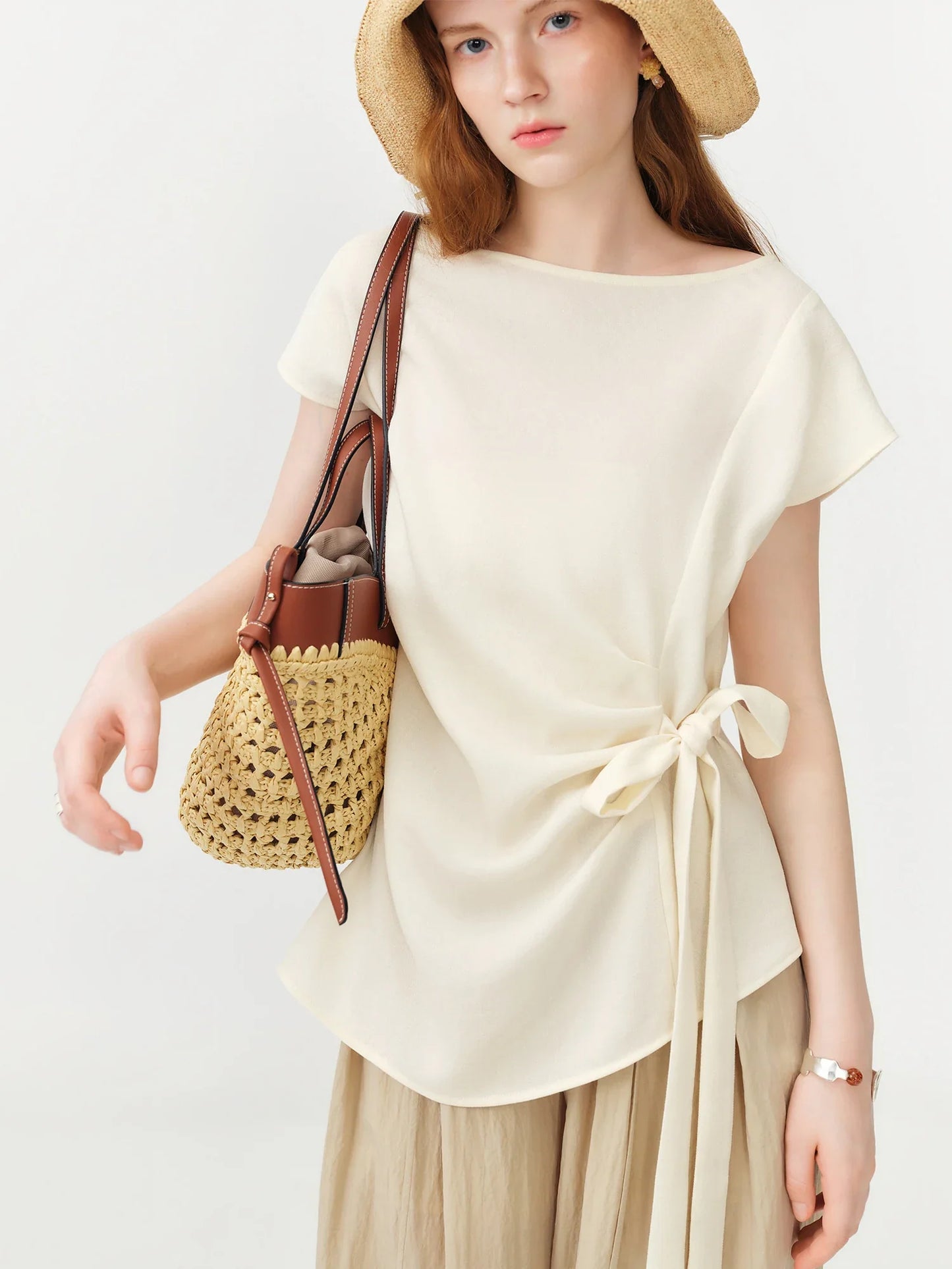 2026 Summer Women‘s Slash Neck Tie-Waist Polka Dot Short Sleeves Blouse Front-Knot Shirt French Office Chic Coquette Style