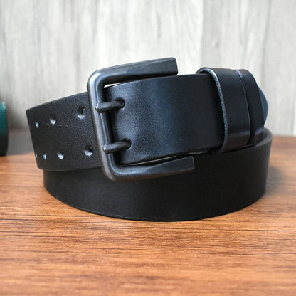 105-125cm Men's Retro Genuine Cowskin Belt Double Pin Buckle Waistband Business Luxury Belts Leather Craft Accessories