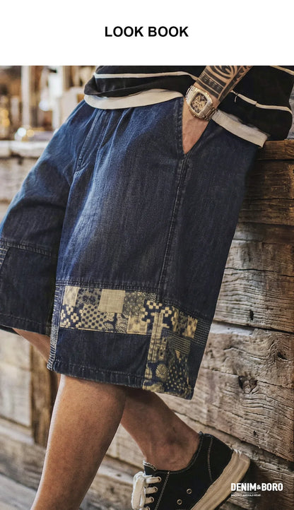 Maden Men's American Retro Slub Texture Washed Denim Shorts Vintage Cloth Spliced Five Inch Loose Casual Workwear Daily Trousers