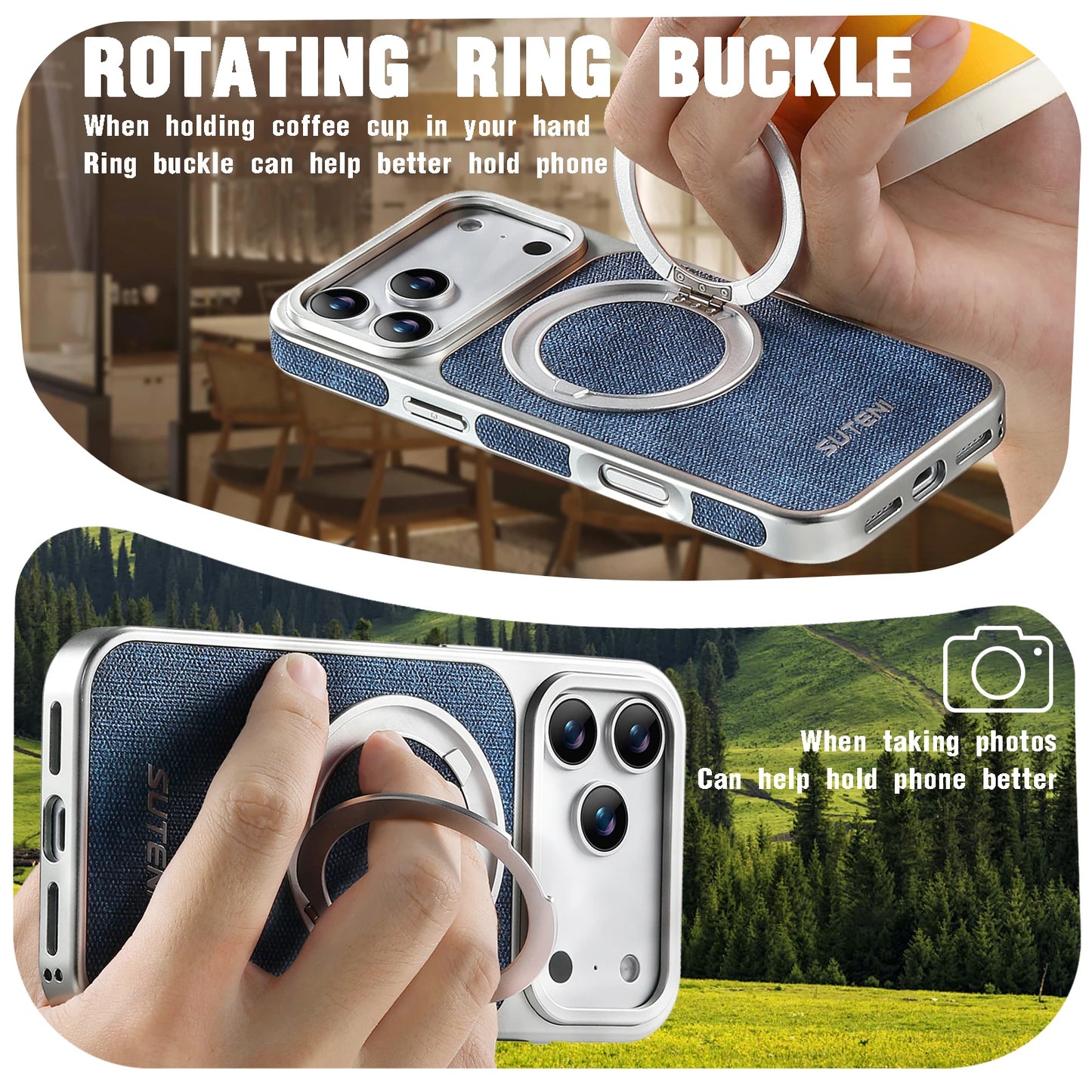 Faux Leather Magnet Wireless Charging Phone Case 360° Rotating Stand Ring Buckle Frosted Feel For iPhone 17 Pro Max 16 15