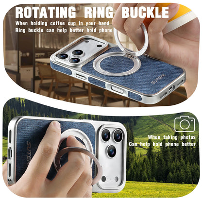 Faux Leather Magnet Wireless Charging Phone Case 360° Rotating Stand Ring Buckle Frosted Feel For iPhone 17 Pro Max 16 15