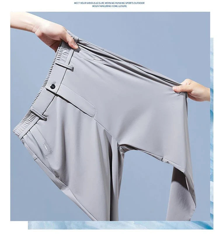 High Elastic Ice Silk Casual Pants Men's Spring Summer Ultra-thin Quick Drying Soft Breathable Business Straight Gray Trousers