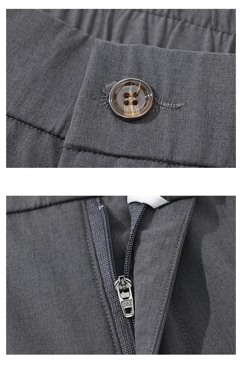 Spring Summer Thin Men's Slim Casual Pants Solid Color Elastic Waist Soft Breathable Business Straight Trousers Black Beige Gray