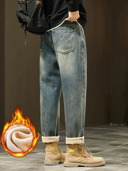 Retro Loose Winter Fleece Jeans Men's Warm Thicken Fashion Casual Denim Pants Comfortable Plush Velvet Thermal Male Trousers