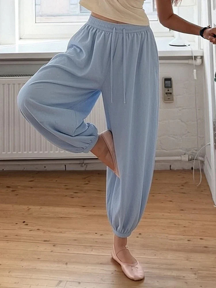 Summer Cotton Oversized Pants For Women Blue Baggy Aladdin Trousers Elastic Bloomers Navy Blue Cropped Lantern Harem Pants Woman
