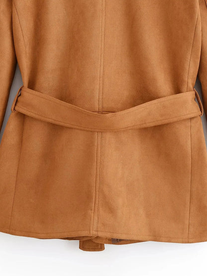 Office Lady Suede Blazer V Neck Sashes Long Pockets Blazer Fashion 2025 Fall Streetwear Outwear Winter Thick Coats