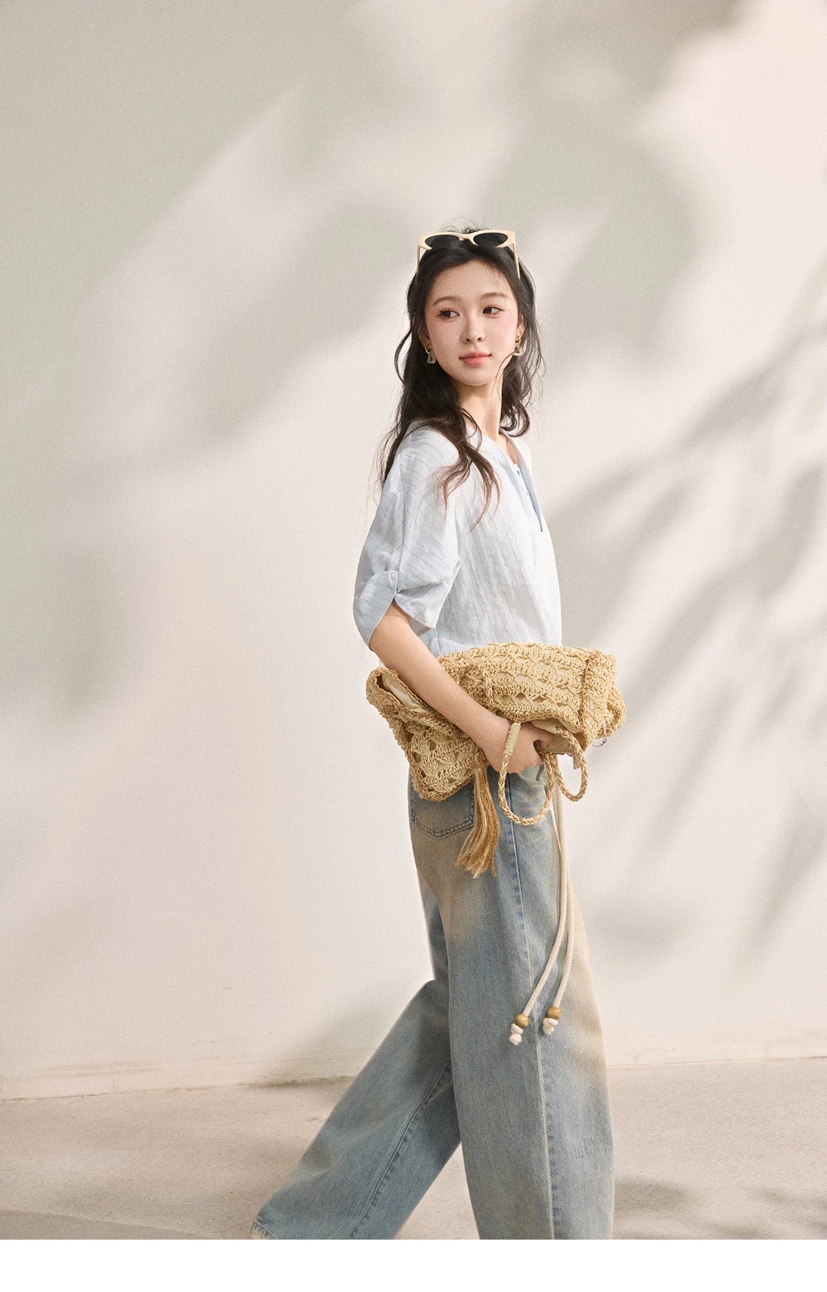 Women French Vertical Stripe Blouse Summer Seven Quarter Sleeve Loose Blouse Minimalist Solid Top Office Lady MXF16X2562