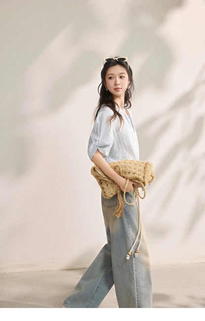 Women French Vertical Stripe Blouse Summer Seven Quarter Sleeve Loose Blouse Minimalist Solid Top Office Lady MXF16X2562