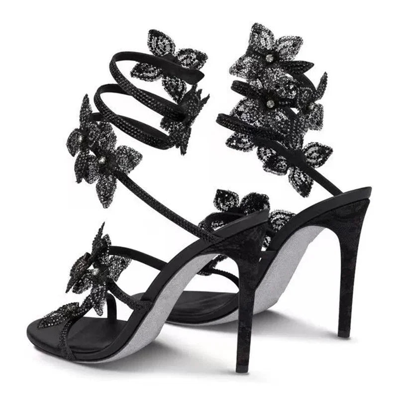 Street Style CRYSTAL Flower Thin Heels Banquet Prom Women Sandals Sexy Open Toe Narrow Band Ankle Strap Gladiator Shoes