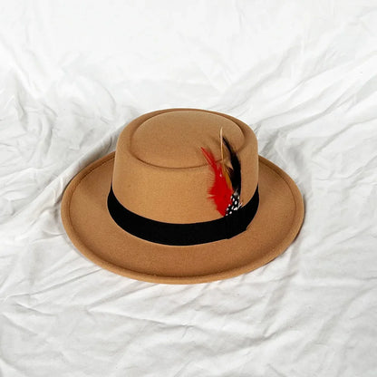 NEW Vintage Pork Pie Hat Mens Rolled Brim Felt Fedora Hat with Feather Gentleman Trilby Jazz Hats
