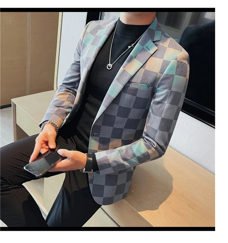 British Style Luxury Plaid Suit Jacket 2025 Spring New Men High-end Business Slim Blazers Groom Wedding Social Party Dress Coats
