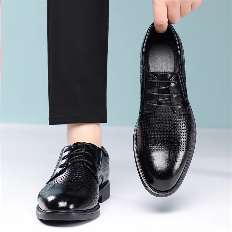 Men's Summer Breathable Leather Shoes British Style Comfortable Soft Business Formal Derby Shoes Hollow out Design-SJ6607-1