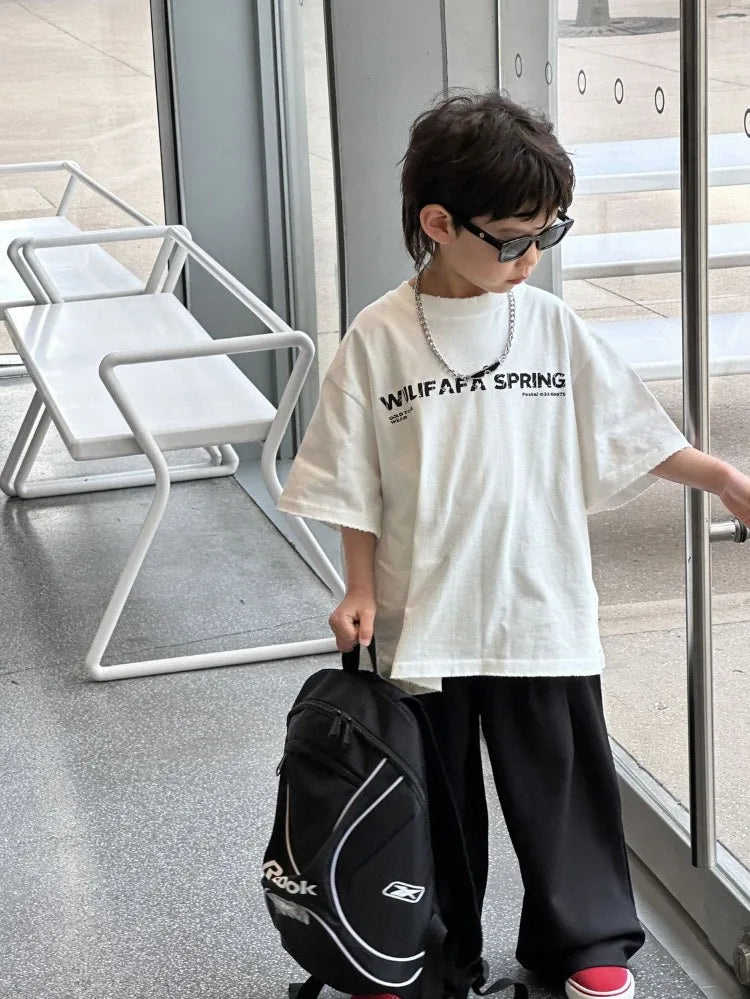 Red Cotton T-Shirt for Tween Boys Girls Loose Fitting Trendy Unisex Summer Top with Embroidered Letters Youthful Casual Wear