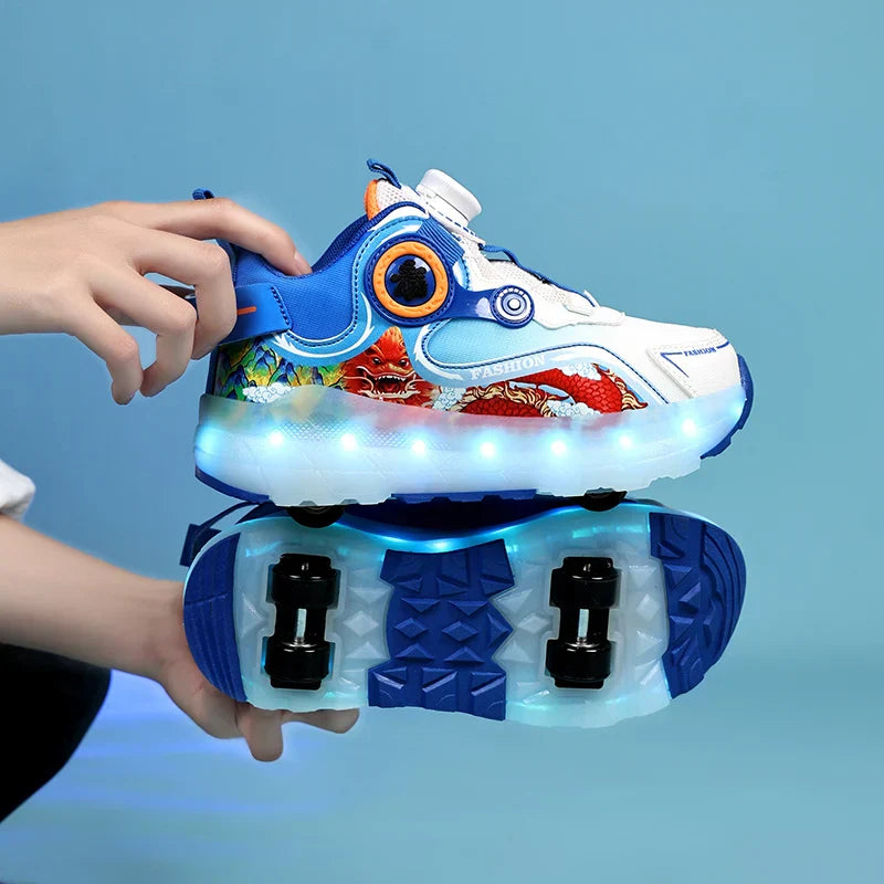 Children Four Wheels Luminous Glowing Sneakers Black Pink Led Light Roller Skate Shoes Kids Led Shoes Boys Girls USB Charging